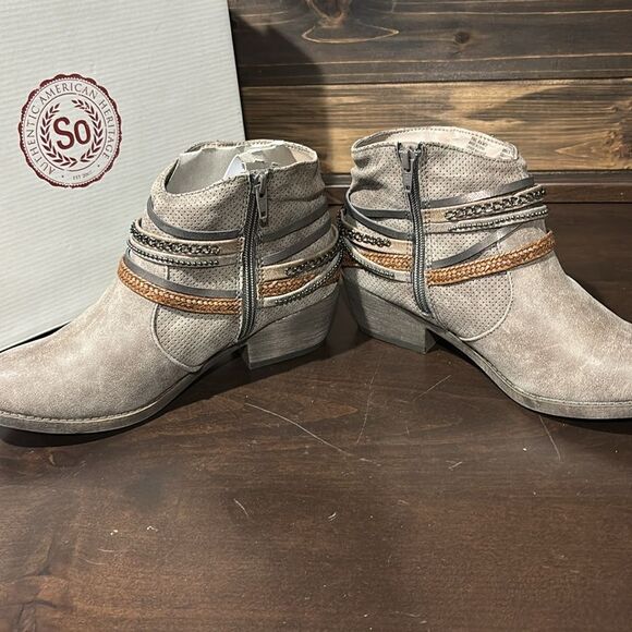 NIB Nee SO Tan Beige Belted Zippered Ankle Boots Size 8.5 - Picture 5 of 11